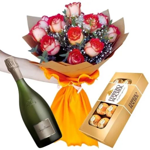 Ramo rosas bicolor importadas con chocolates y espumante